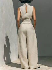Sleeveless Wide-leg Jumpsuit With Smocked Waist in Apricot, side view