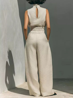 Sleeveless Wide-leg Jumpsuit With Smocked Waist in Apricot, side view