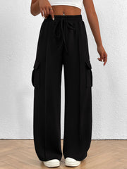 Black high waist cargo sweatpants with drawstring and side pockets.