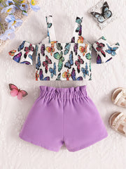 Baby girl butterfly print smocked crop top with cold shoulder sleeves and purple ruffled shorts.
