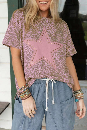 Leopard print t-shirt with studded pink star detail, polyester fabric, crew neck, short sleeves.