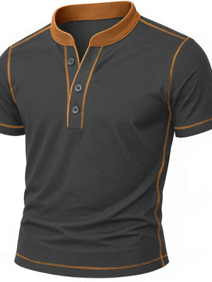 Dark gray men's casual t-shirt with button placket and contrast stitching