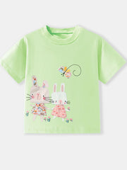 Toddler green short sleeve tee with appliqued bunnies and butterfly detail
