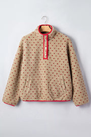 Heart Pattern Fleece Colorblock Collar Sweatshirt in Camel, model styling view