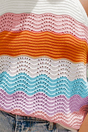 Wavy knit halter top with multicolor chevron stripes and open knit details.