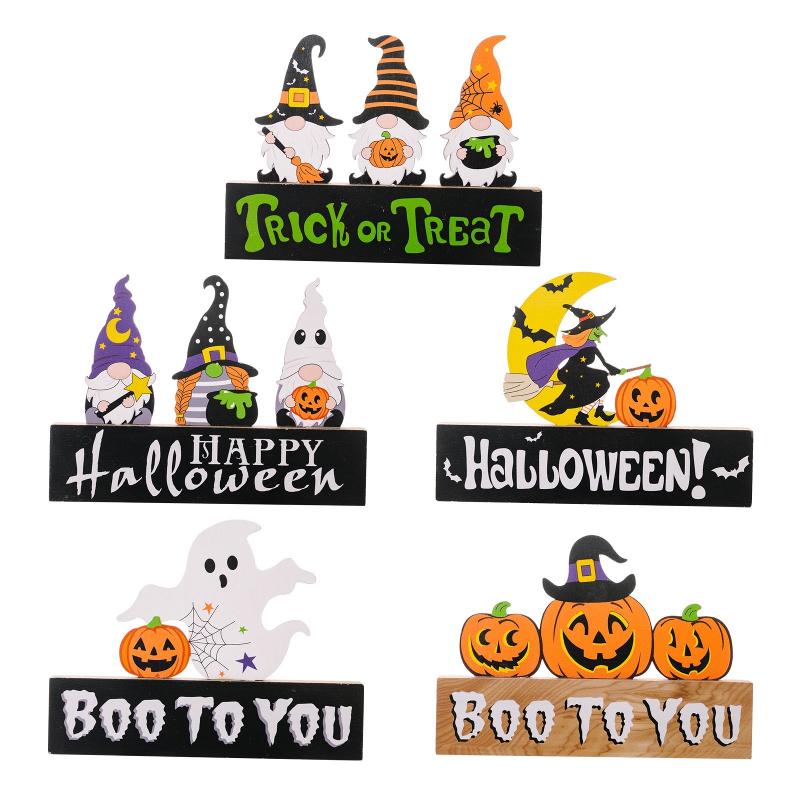 Halloween gnome and pumpkin wood displays with phrases like Trick or Treat and Boo To You.