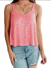 Sequin-embellished flounce tank top in watermelon pink with a V-neck and spaghetti straps.