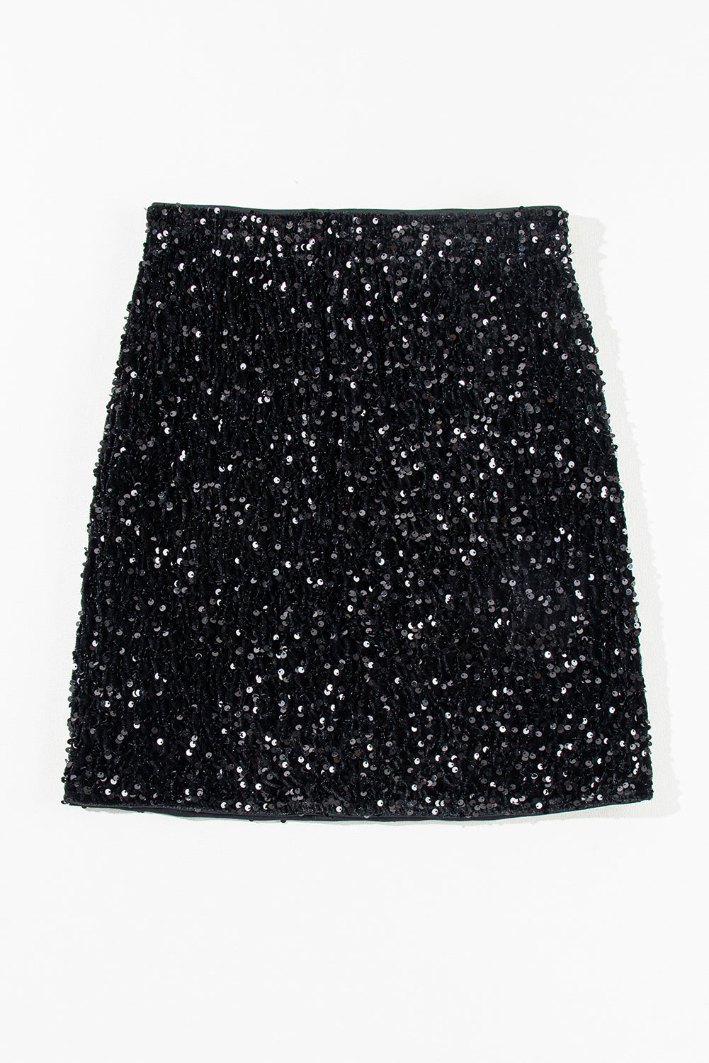 Black sequin mini skirt with a body-hugging fit.