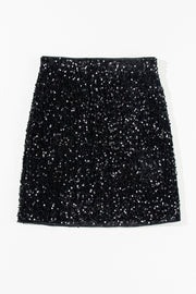 Black sequin mini skirt with a body-hugging fit.