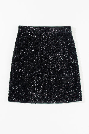 Black sequin mini skirt with a body-hugging fit.