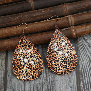 Brown leopard floral laser-cut teardrop earrings with white floral detail