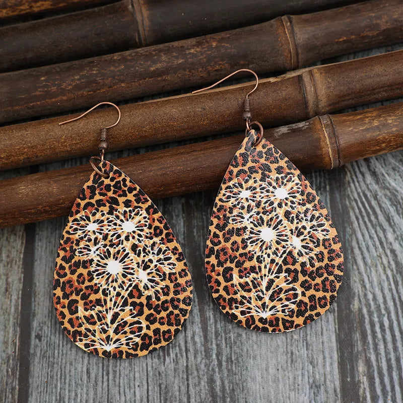 Brown leopard floral laser-cut teardrop earrings with white floral detail