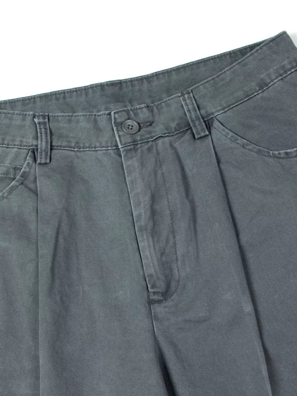Grey cotton sweatpants with button closure and belt loops.