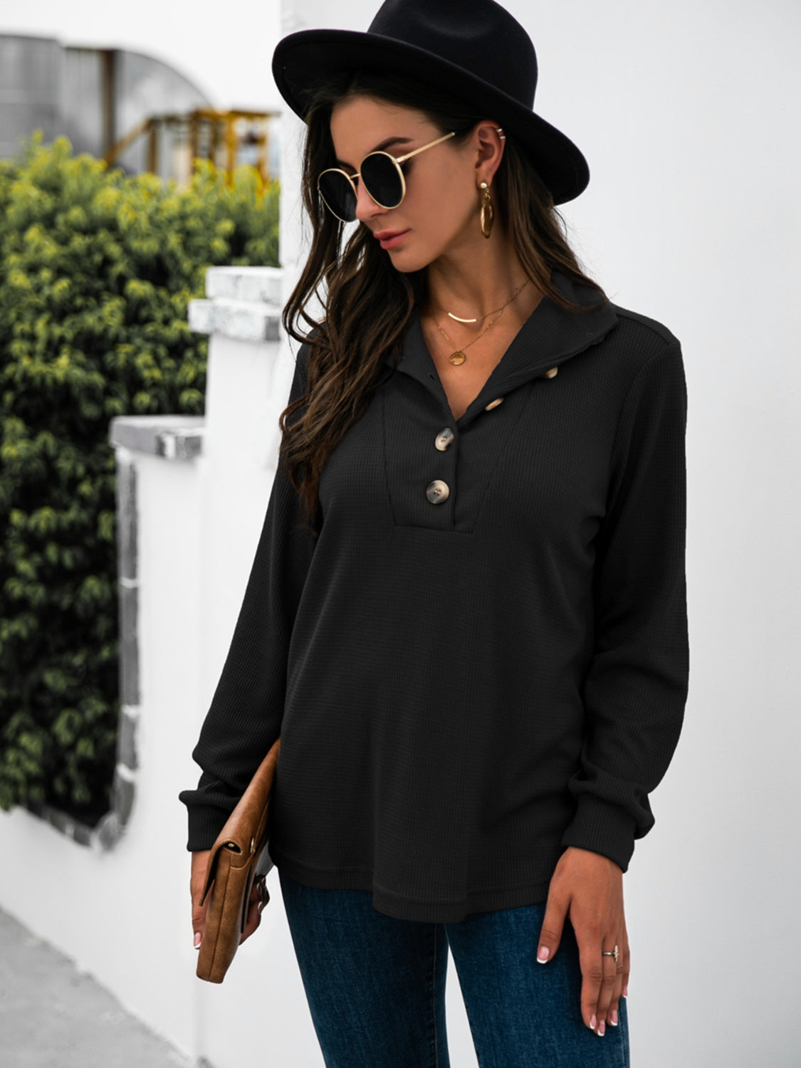 Black long sleeve tee with button detail and collar