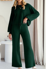 Dark green wide-leg lounge set with balloon sleeves and drawstring pants