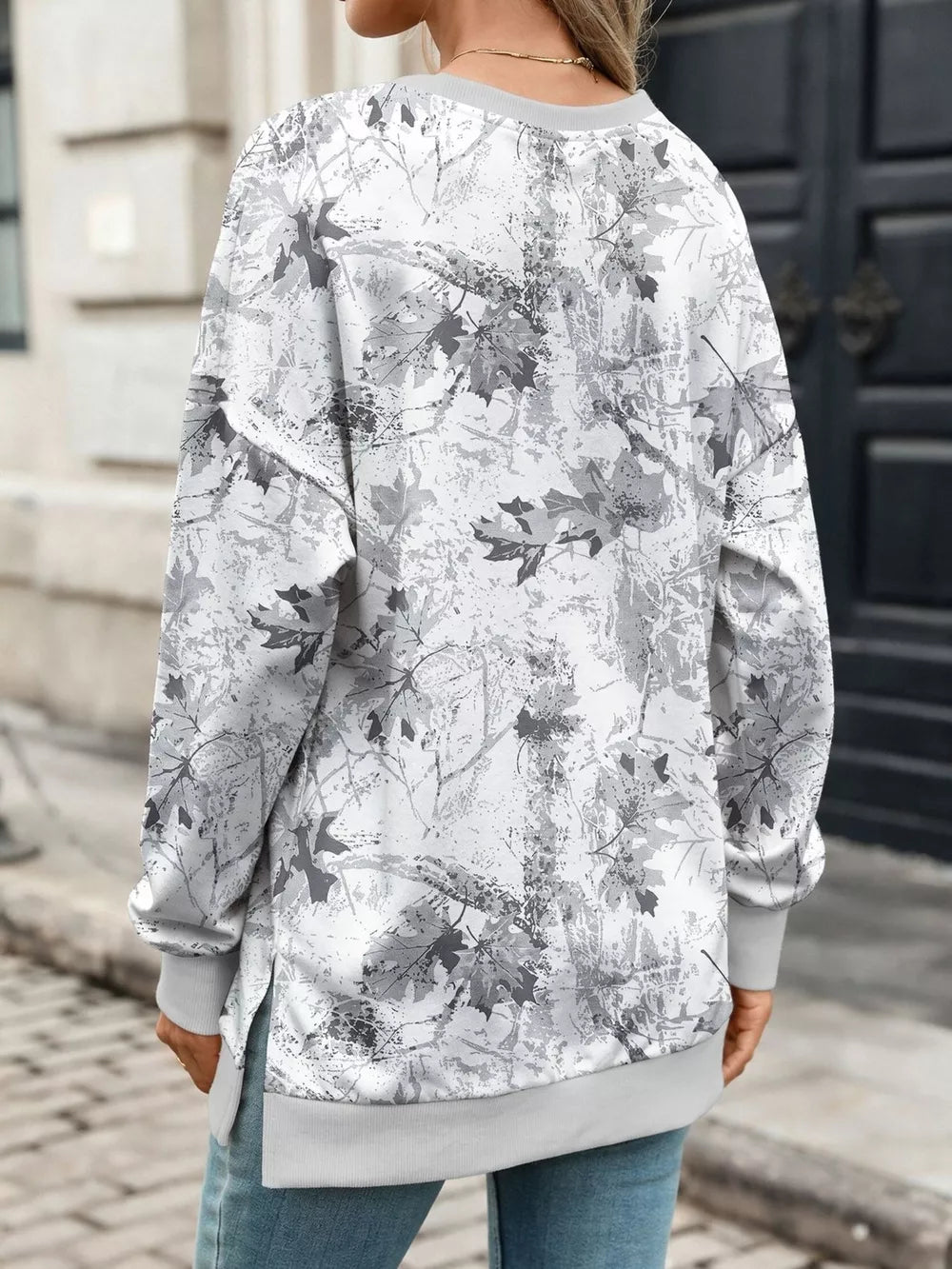 Camouflage Print Crewneck Sweatshirt in Light Gray with slit