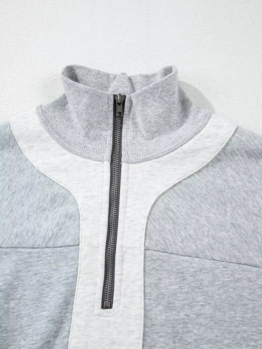 Half Zipper Collared Drop Shoulder Sweatshirt in Light Gray, model styling view