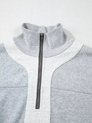 Half Zipper Collared Drop Shoulder Sweatshirt in Light Gray, model styling view