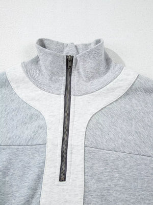 Half Zipper Collared Drop Shoulder Sweatshirt in Light Gray, model styling view