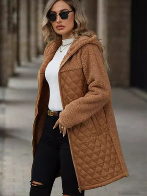 Caramel teddy and quilted hybrid coat with hood and zipper closure.