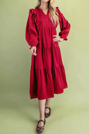 Solid Color Ruffle Trim Tiered Midi Dress, close-up detail