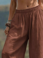 Full Size Bohemian Wide-leg Pants Plus Size in Light Brown, fabric detail