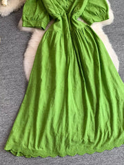 Green lace-embellished A-line midi dress with button front and scalloped hem