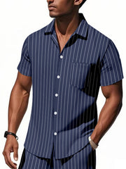 Navy blue cotton camp collar shirt with white pinstripes, button-down front and chest pocket.