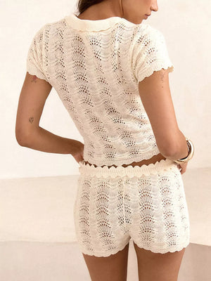 Openwork Crochet Knit Polo Top And Shorts Set in White, close-up detail