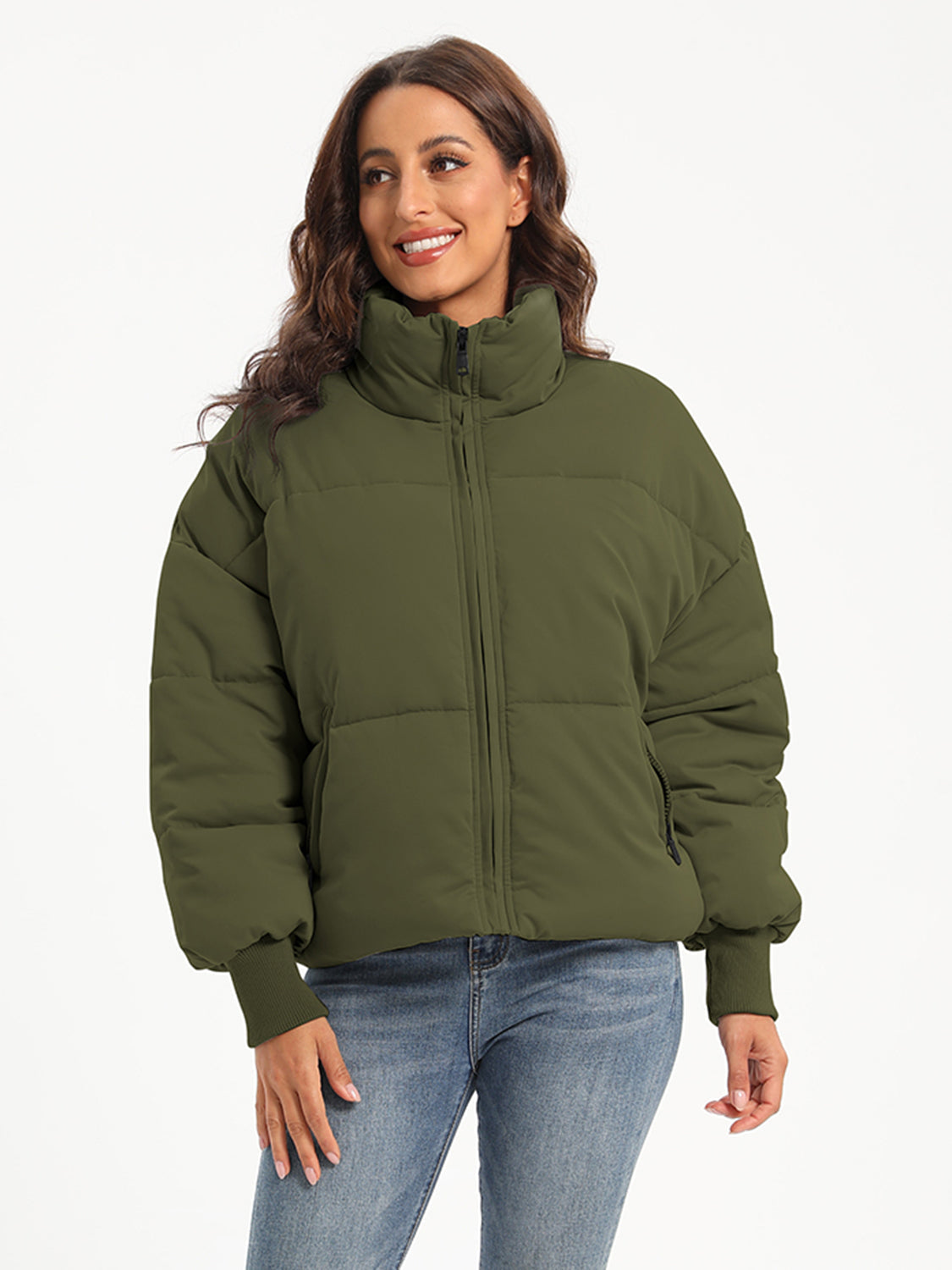 Moss green padded bomber jacket with ribbed cuffs and a high collar.