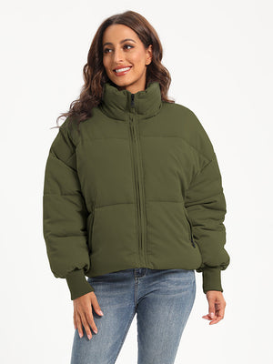 Moss green padded bomber jacket with ribbed cuffs and a high collar.