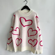 Heart Outline Knit Sweater in cream with pink hearts, acrylic knit, crewneck, long sleeves.
