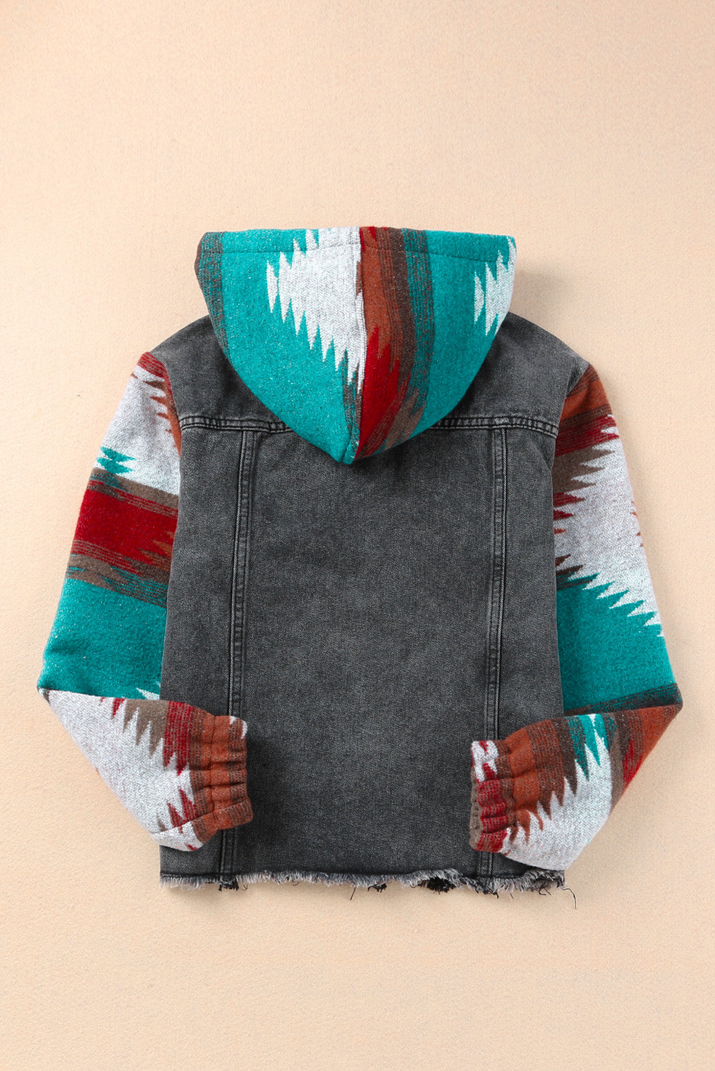 Denim hoodie jacket with Southwestern print sleeves and hood in dark gray cotton.