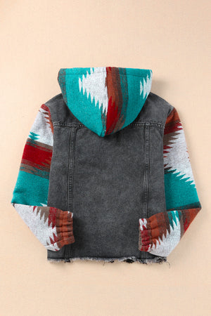 Denim hoodie jacket with Southwestern print sleeves and hood in dark gray cotton.