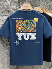 Men's Peacock Blue Cotton Crew T-shirt with abstract graphic and text print