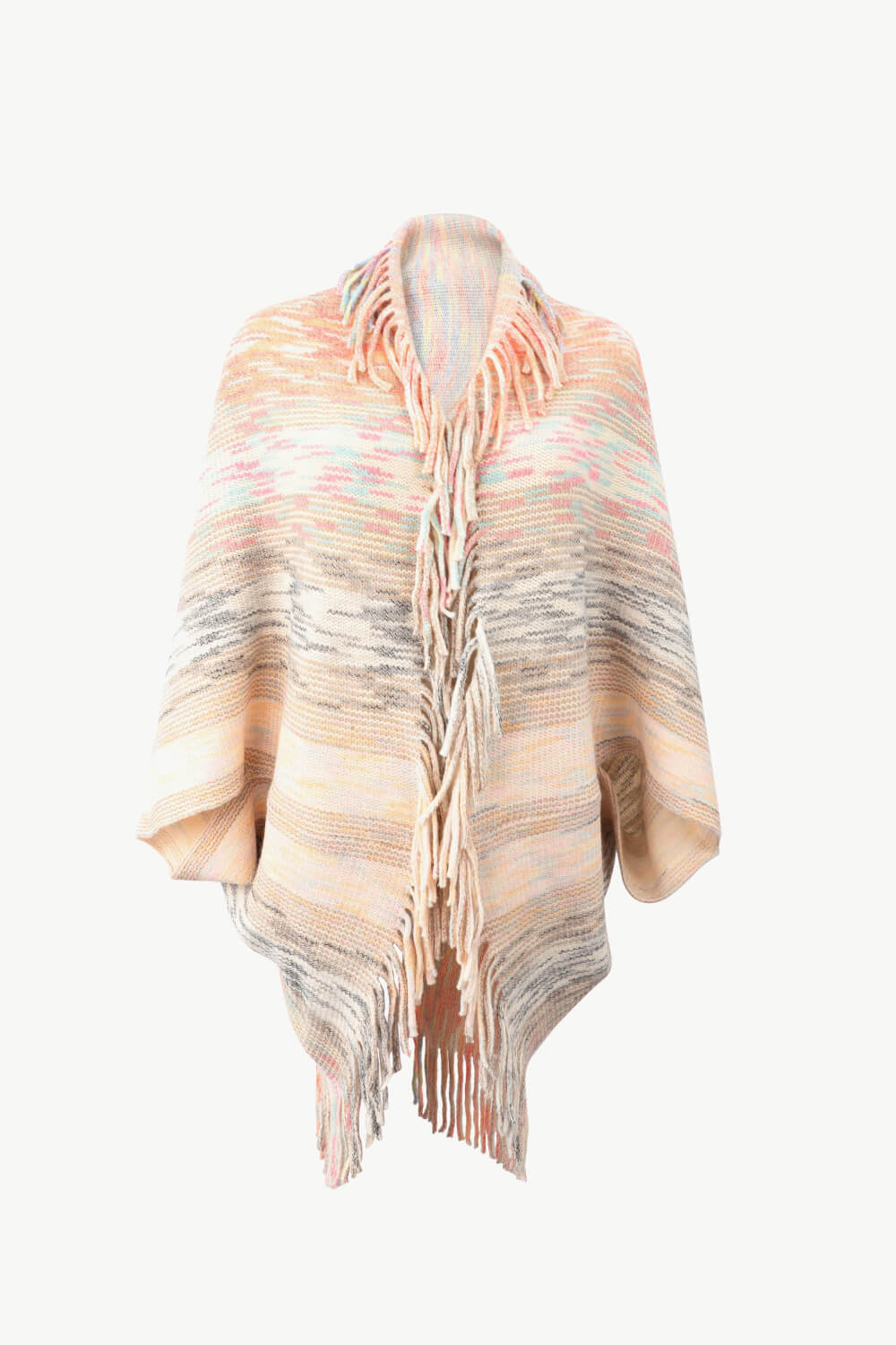 Textured stripe fringe cape in multi-color acrylic with a relaxed fit and open front.