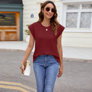 Textured wine cap-sleeve tee with subtle knit detail and crew neck.