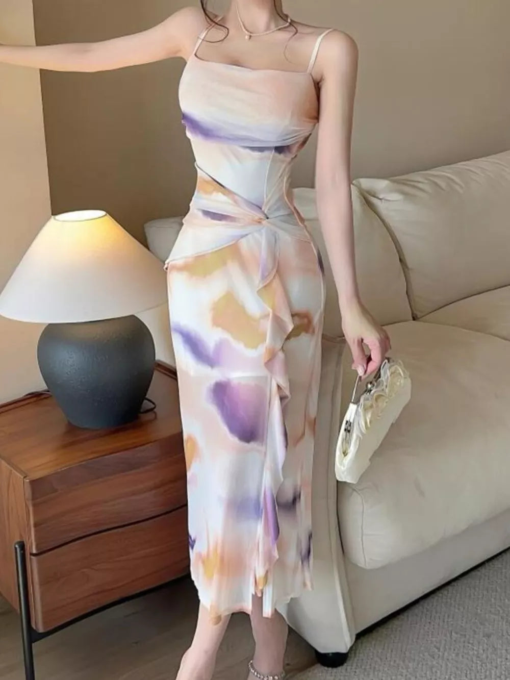 Abstract Watercolor Ruched Midi Dress in Yellow, product detail