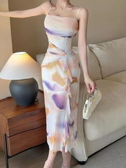 Abstract Watercolor Ruched Midi Dress in Yellow, product detail