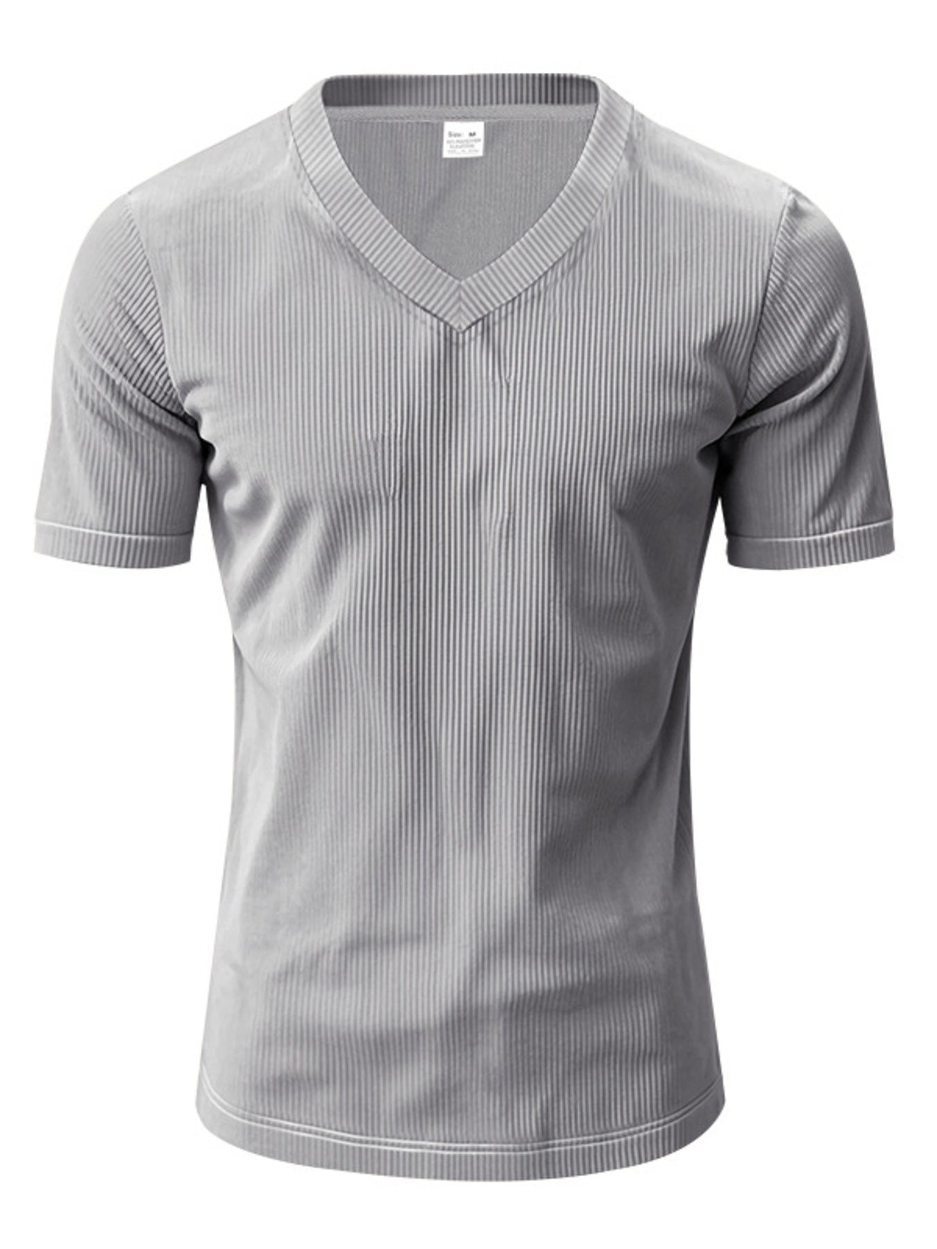 Gray ribbed V-neck t-shirt with short sleeves and a casual fit.