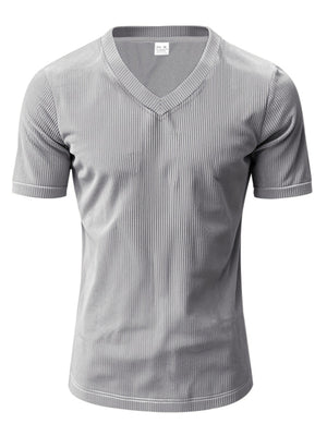 Gray ribbed V-neck t-shirt with short sleeves and a casual fit.
