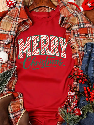 Red t-shirt with white and green striped "MERRY" and green "Christmas" graphic.