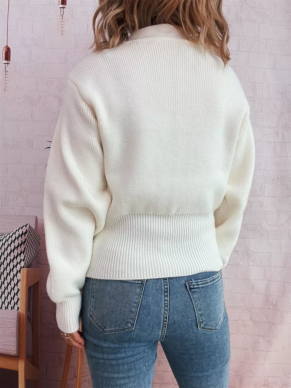White ribbed V-neck button-through maternity cardigan with cinched waist