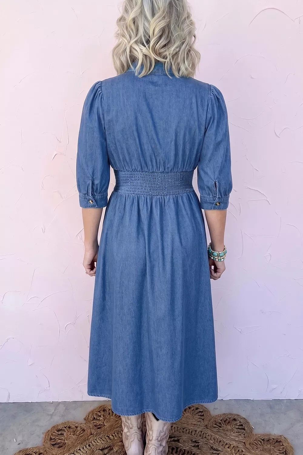 V Neck Shirred Waist Denim Midi Dress, side view