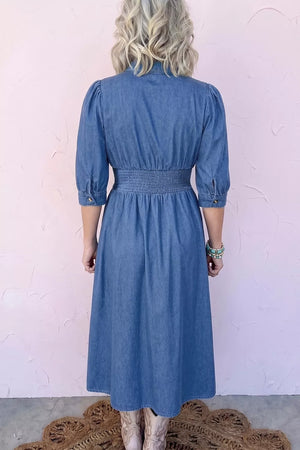V Neck Shirred Waist Denim Midi Dress, side view