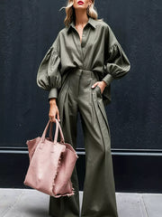 Army green lantern sleeve shirt and wide-leg pants set with button-up detail