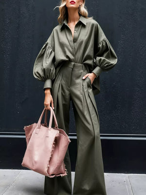 Army green lantern sleeve shirt and wide-leg pants set with button-up detail