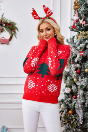 Holiday Fair Isle crewneck sweater in red with white snowflakes and green trees.