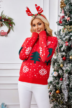Holiday Fair Isle crewneck sweater in red with white snowflakes and green trees.