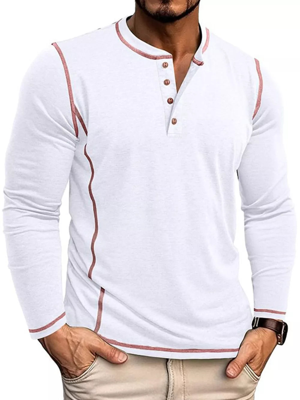 White long sleeve henley t-shirt with contrast stitching and button detail